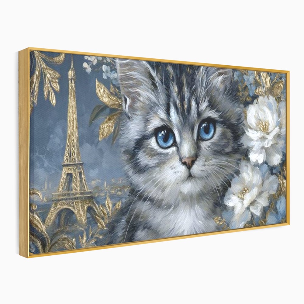 Tablou canvas cu tablou canvas cu pisica si turnul eiffel, in rama de aluminiu auriu